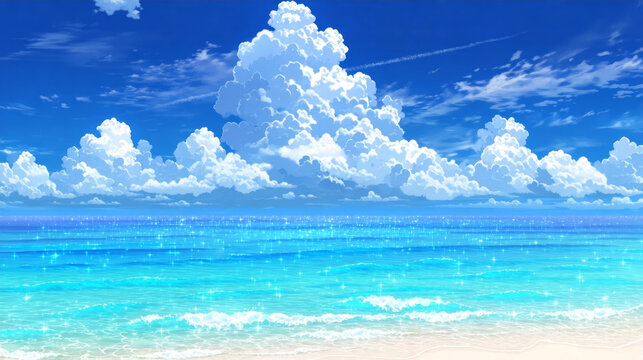 Vibrant anime style tropical beach scenery with shimmering turquoise sea water, gentle waves on white sand, and massive fluffy cumulus clouds in a bright blue summer sky