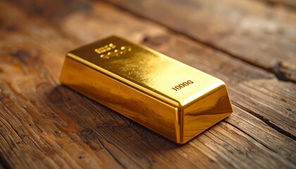 Shiny Gold Bar on Rustic Wood Surface under Warm Lighting