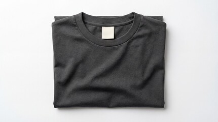 A folded black t-shirt with a white tag on a plain white background