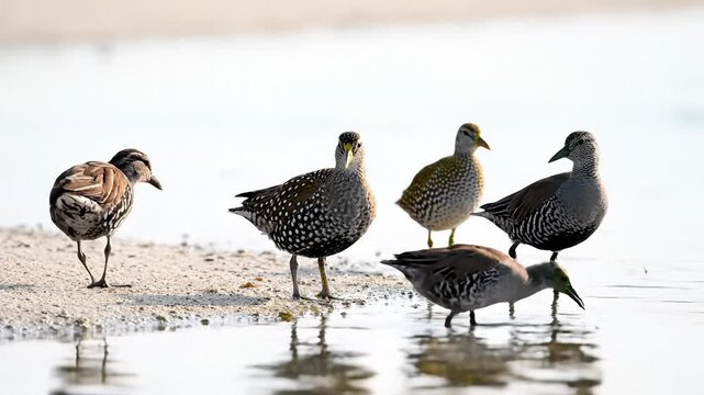 Group of Painted Buttonquail Feeding and Standing Near Water Edge
