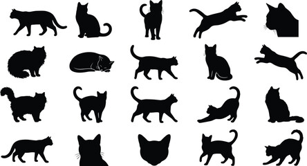 Cat silhouette set showing walking sitting jumping sleeping poses isolated on white background playful domestic feline collection © Arman