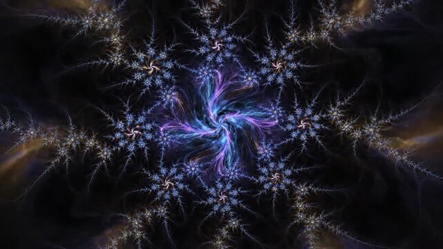 A fractal-like image with a spiral center and radiating blue, golden, and purple patterns