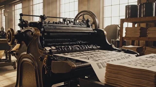 Antique printing press machine in a sunlit industrial workshop with paper