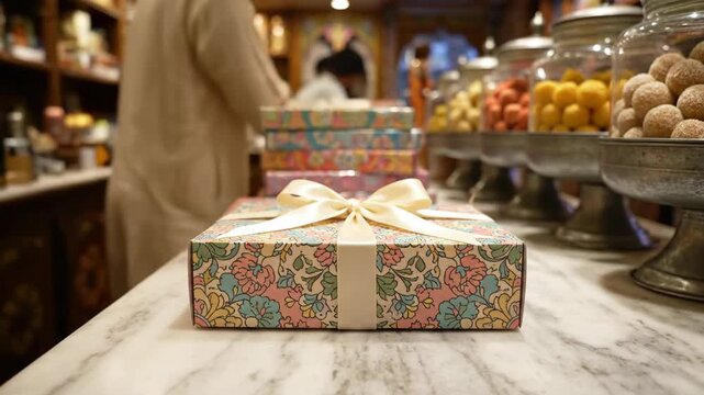 Decorative Gift with Elegant Floral Pattern and Satin Ribbon in a Traditional Indian Sweet Shop for Festival Celebrations