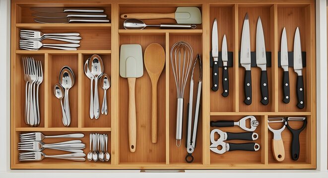 Top view of a kitchen drawer with organized cutlery cooking utensils and tools