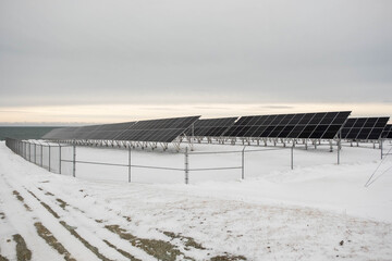 Solar panels mounted on metal structures stand on a snowy meadow beside the ocean in Canada. Clean energy technology placed in a cold coastal environment with sea views.