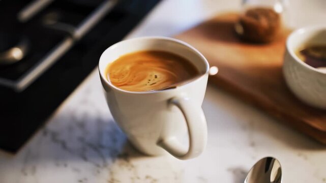 Close-up of a white mug filled with a warm beverage, possibly coffee or tea, with a spoon inside, resting on a light-colored surface next to another blurred mug and a wooden board in the background, .