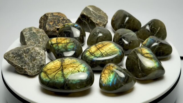 Rotating Labradorite Stones on a White Surface, Close Up