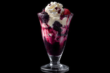 Tall Glass Sundae Filled with Layered Vanilla and Blackberry Cream and Topped with Whipped Cream and Berries