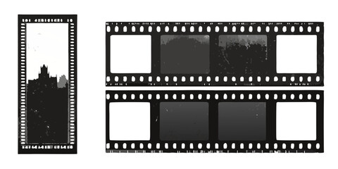Black and white film strip with blurry city and abstract images