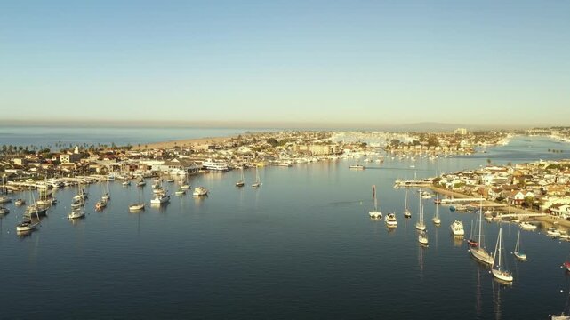Newport Beach Harbor Aerial flying towards Newport Beach Jetties.