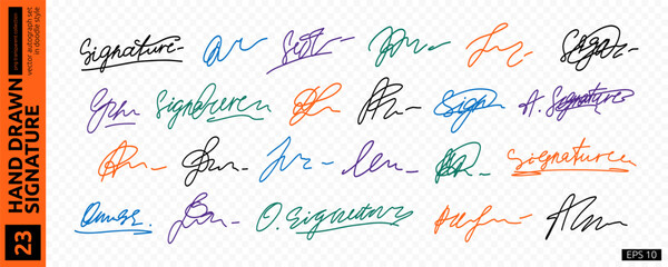 Hand Drawn Fake Signature Set. Fake Signature Autograph Sign Sample Kit. Random Hand Name Handwritten Autograph Collection. Vector Line Illustration Transparent Png Clipart