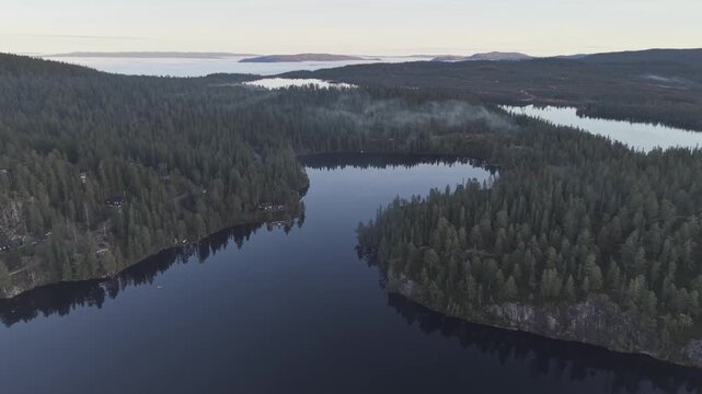 Multiply mountain lakes om the mountain plato in Southern Norway. Drone footage