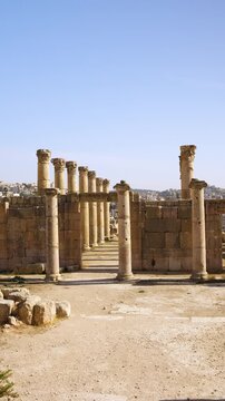 Roman ruins in the ancient city of Jerash Gerasa Jordan architecture vertical video