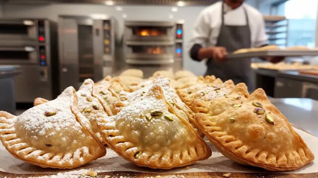 Freshly baked Gujiya with pistachio garnishing, traditional Indian festive sweet pastries, golden fried snacks on a bakery table for celebrations