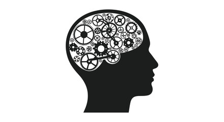 A stylized black silhouette of a human head reveals intricate gears within representing thought and complex processes