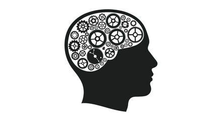 A striking silhouette of a human head reveals intricate gears within symbolizing thought and mechanical processes high quality
