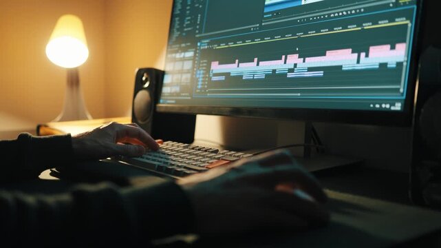 Video editing. Man sitting at a desk, scrolling through a timeline in Premiere Pro