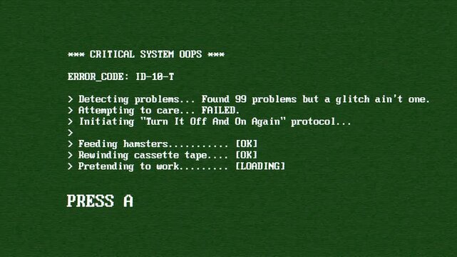 Funny tech humour Messages on PC Screen prompts user to press any panic key