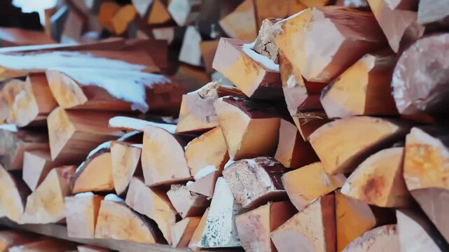 Side-view close-up of split firewood stacked with snow, rustic outdoor storage for home heating, cozy winter fuel supply background.