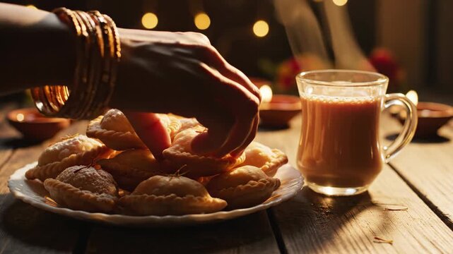 Traditional Gujiya sweets with a steaming glass of spiced tea on a festive wooden table with candles in the background
