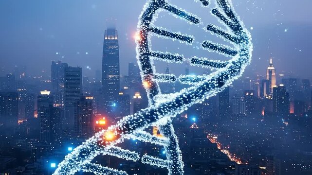 DNA Double Helix over City: A striking visualization of a DNA double helix gracefully superimposed over a modern cityscape, symbolizing the intersection of biotechnology and urban development.