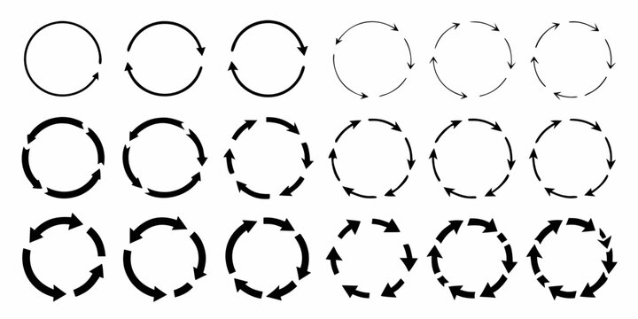 Arrangement of circular arrows in rows and columns black on white
