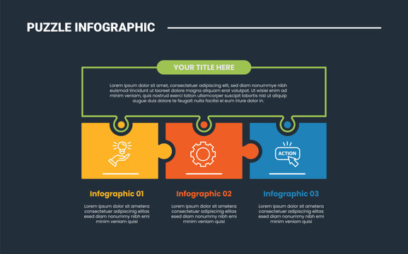 puzzle or jigsaw infographic process diagram with rectangle box connection on horizontal direction with dark background bright outline style 3 points