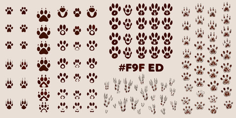 A collection of various animal paw prints in brown tones