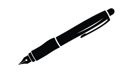 A minimalist black and white silhouette depicts a fountain pen angled diagonally across a white background high quality professional detailed