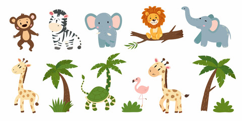 Fototapeta premium A colorful cartoon illustration of various african animals and tropical plants