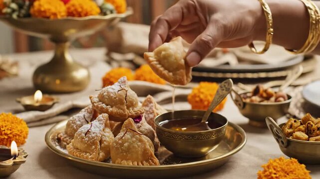 Traditional Indian Gujiya being offered during festival celebrations with sweets, floral decorations, and ornate utensils on a festive table setting