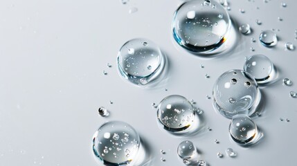 Close-up View of Crystal Clear Water Droplets on Smooth Surface with Reflection and Bubbles in Bright Light
