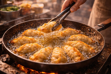 Street food authentic lifestyle human connection artisanal cooking candid atmosphere golden dumpling sizzle in outdoor pan inviting warm flavor and social vibe