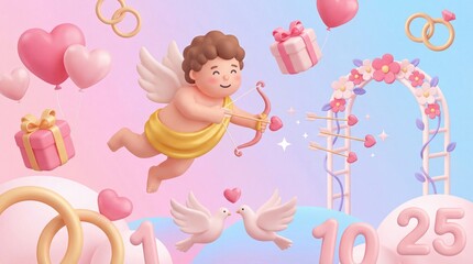 Fototapeta premium Romantic Scene with Cupid: A whimsical scene unfolds with a charming cupid, bow drawn, amidst floating hearts, gift boxes, wedding rings, and a floral arch.