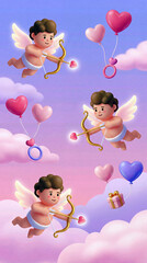 Fototapeta premium Cupid's Realm: Playful cupids float in a dreamy pastel sky, each poised with bow and arrow, amidst heart-shaped balloons and rings, symbolizing love and affection. 