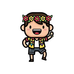Obraz premium Cartoon Boy Wearing Flower Crown and Traditional Outfit.