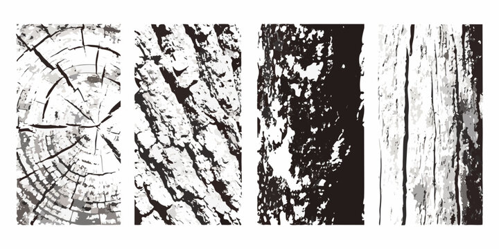 Four vertical panels displaying various textures of tree bark and wood