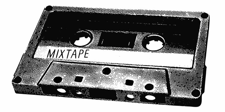 A vintage cassette tape labeled mixtape in a halftone style