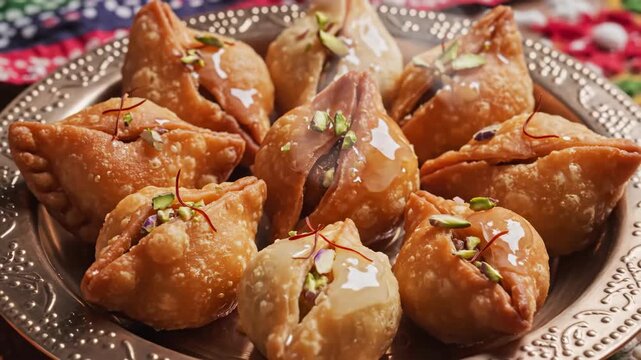 Traditional Indian Gujiya Filled with Sweet Mawa Garnished with and Edible Flowers, on Ornate Silver Plate for Festive Celebrations