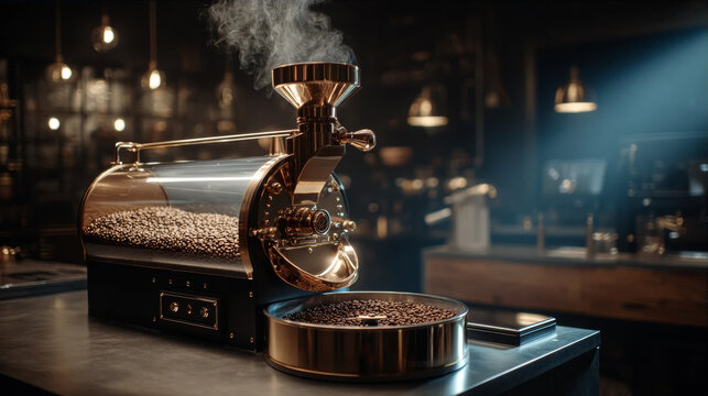 Elegant professional coffee roaster machine in operation with aromatic roasted beans inside a glass drum, smoke rising in a moody dark cafe background.