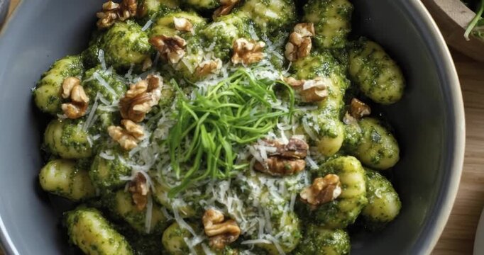An inviting close-up, top-down shot showcases freshly prepared potato gnocchi served in a rustic bowl, generously coated in a vibrant green pesto-style sauce. The appetizing dish is beautifully garnis