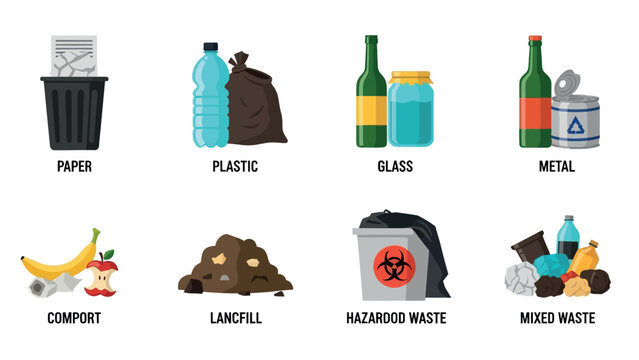 Visual waste sorting guide showcasing distinct categories of refuse like paper, plastic, glass, metal, organic compost, general landfill, hazardous items, and mixed materials for