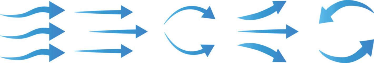 Set of blue arrow showing wind air flow isolated on white background, air direction signs - vector stock 