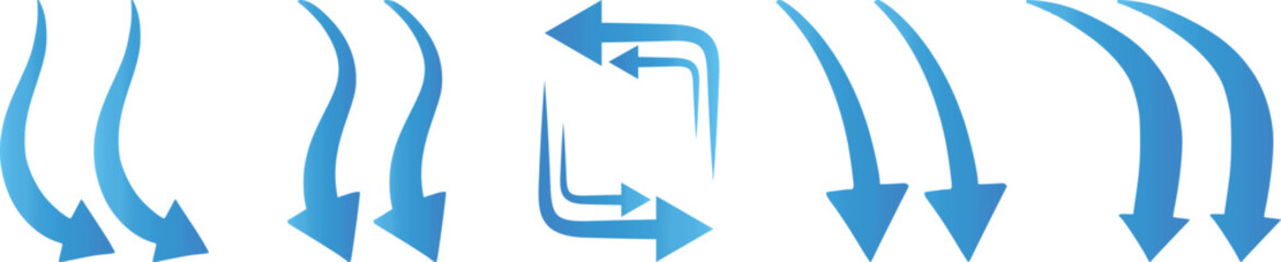 Air flow arrows set. Set of blue arrow showing wind air flow. Vector set of air flow arrows. Blue air flow arrows showing wind circulation and ventilation. Set of blue arrows showing cold air