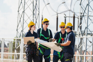 Group of professional engineers in safety gear reviewing technical blueprints and using a laptop at an electrical substation with wind turbines in the background.
