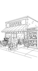 Fototapeta premium Coffee shop with outdoor seating and newsstand kiosk on sidewalk, illustrated in a line drawing style