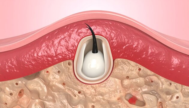 Cross-section medical illustration of a skin pore with a whitehead and hair
