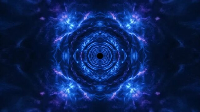 A vibrant blue mandala pattern with concentric circles and radiant light effects viewed from directly above in a dark environment