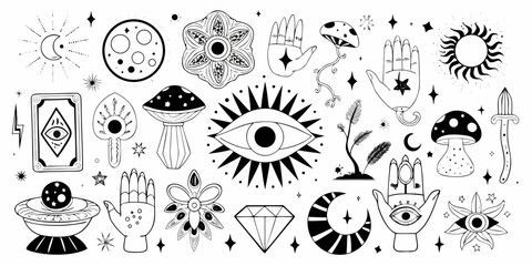 Mystical hand drawn illustrations celestial botanical and symbolic elements © MituRani